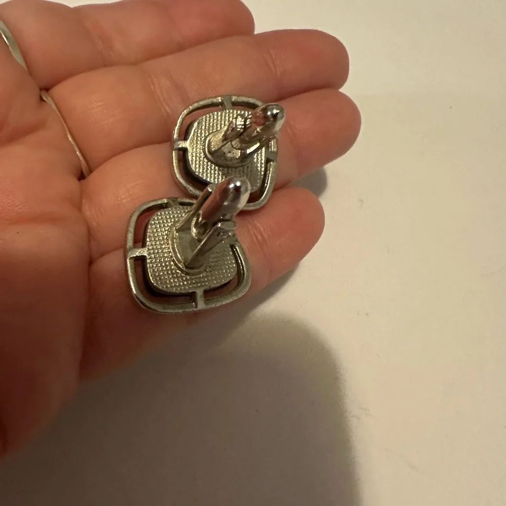Vintage Silver Tone Stone Atomic Era Cufflinks
